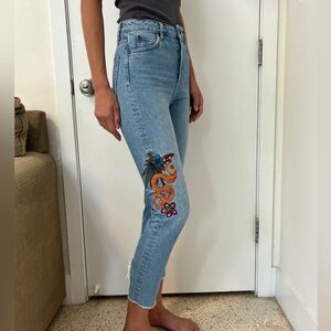 Sandro Blue Vintage Denim Basil Floral Cropped Straight Leg Jeans, Size 36 small